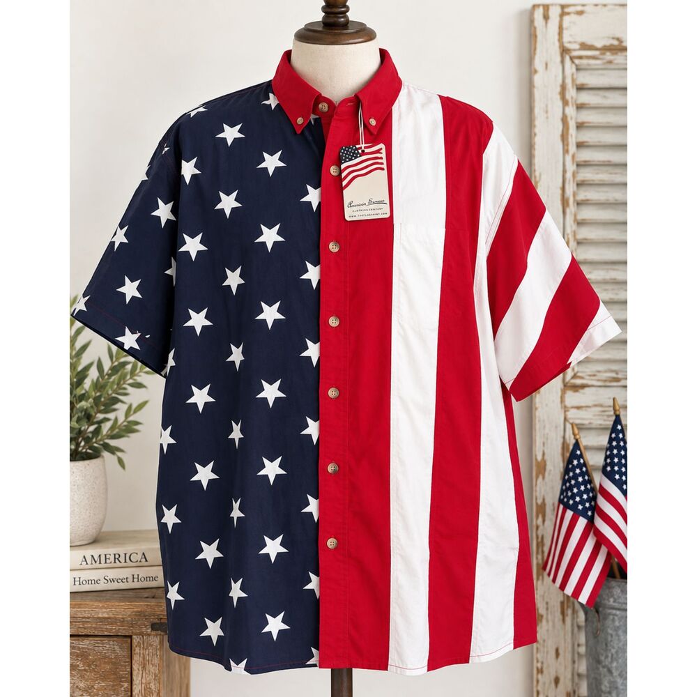 NEW American Summer Mens XXL American Flag Shirt USA Stars Stripes Cotton